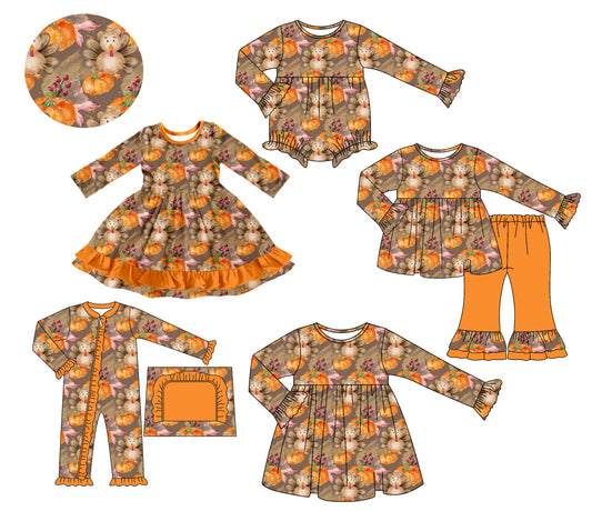 25.7.18 custom each style moq 5 eta 4-6week Sibling Sisters pumpkin baby girl long sleeve pants sets and romper 1 and romper 2 and dress 1 and dress 2 match family design