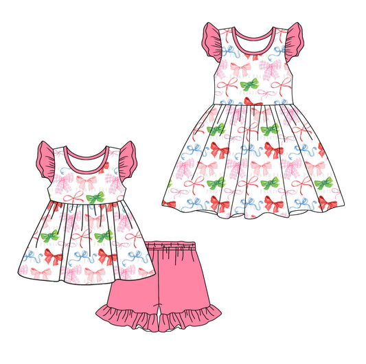 12.11 custom each style moq 5eta 4-6week Sibling Sister bow baby girl short sleeve shorts sets and dresses match design