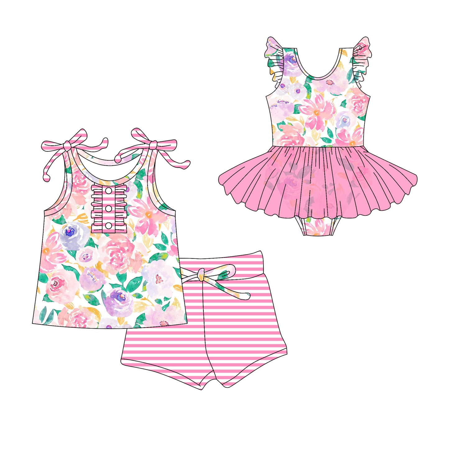 3.10 custom each style moq 5eta 4-6week Sibling Sister floral baby girl short sleeve shorts sets and romper match design