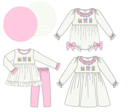 Custom moq 5 each style eta 6-7weeks baby gir clothes Christmas gift long sleeve pants sets and dress and romper