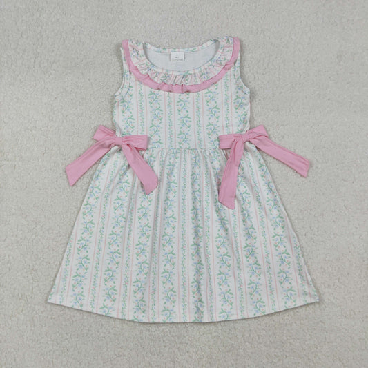 RTS NO MOQ（In Stock）GSD2678 Flower and Leaf Pink Lace Bow Sleeveless Dress