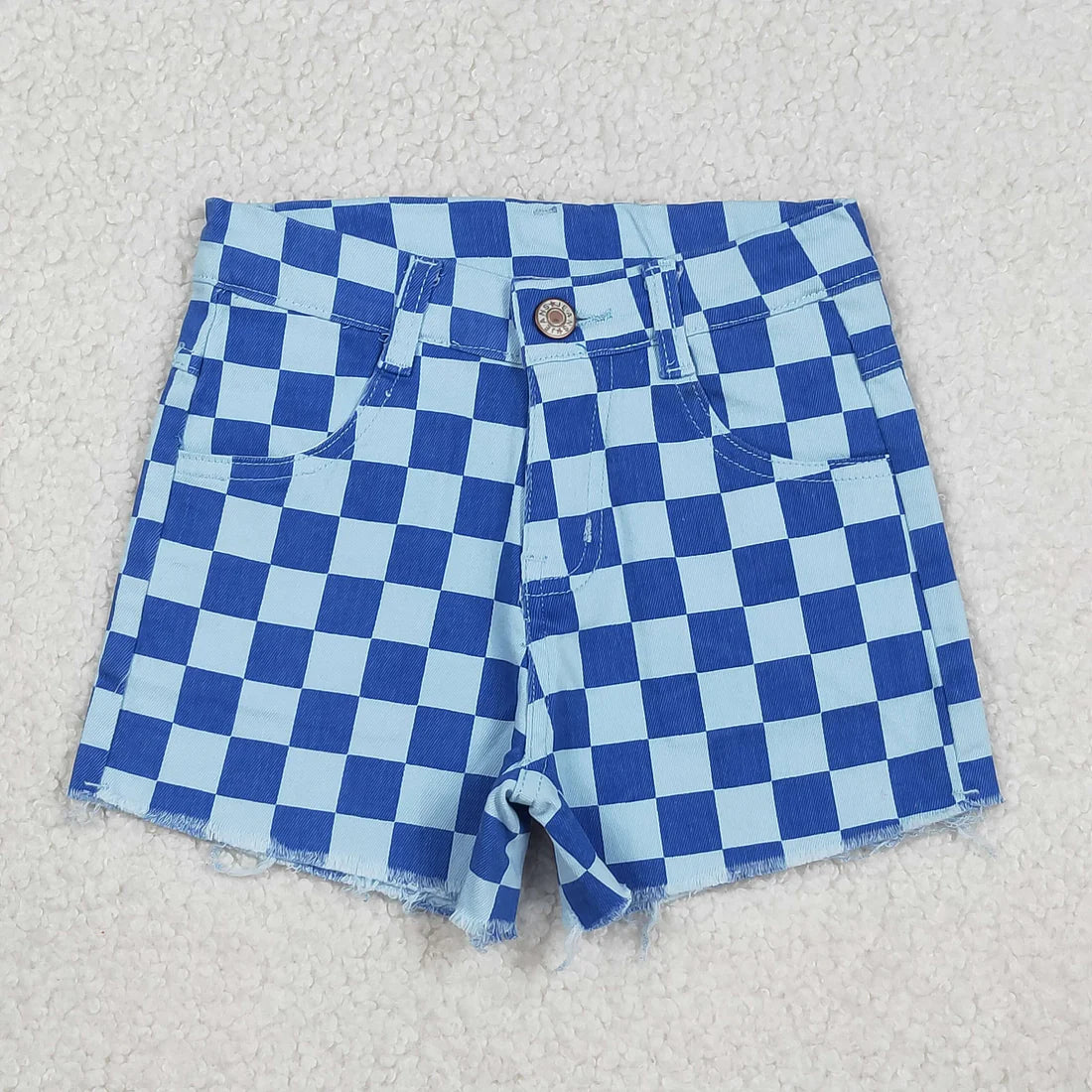 RTS NO MOQ Baby Girls Blue Checked Pockets Denim Shorts Bottom