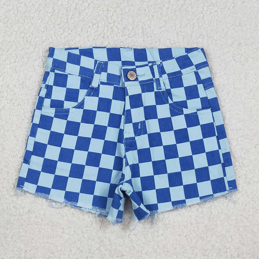 RTS NO MOQ Baby Girls Blue Checked Pockets Denim Shorts Bottom