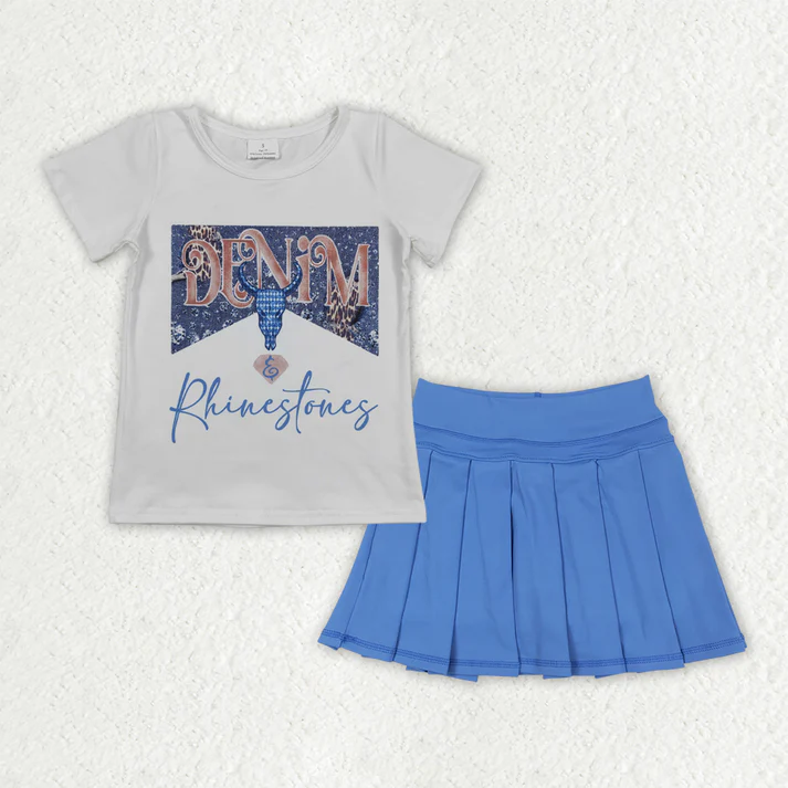 RTS NO MOQ GLK0084 baby girls clothes yoga blue short sleeve top shorts skirts sets