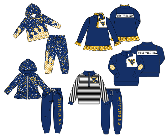 Custom moq 5 mix size milk silk summer teams baby girls clothes dark blue hooded long sleeve pants sets and boy sets 2 and tops 2-25.9.2