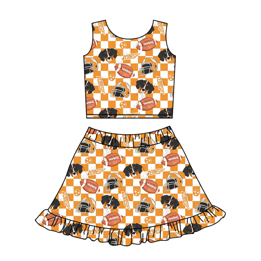 Custom moq 5 mix size milk silk summer teams baby girl clothes orange sleeveless skirts set