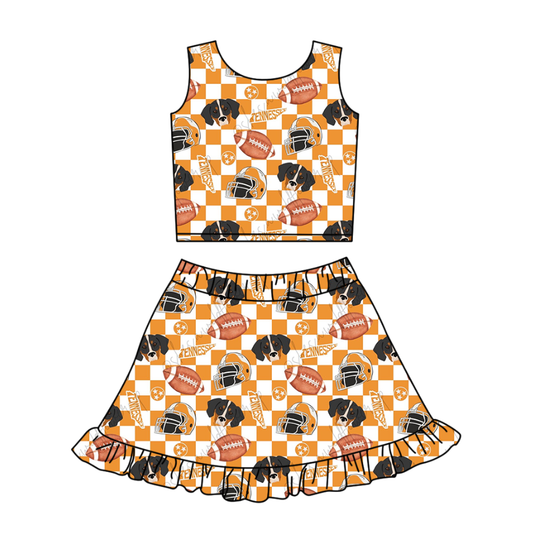 Custom moq 5 mix size milk silk summer teams baby girl clothes orange sleeveless skirts set