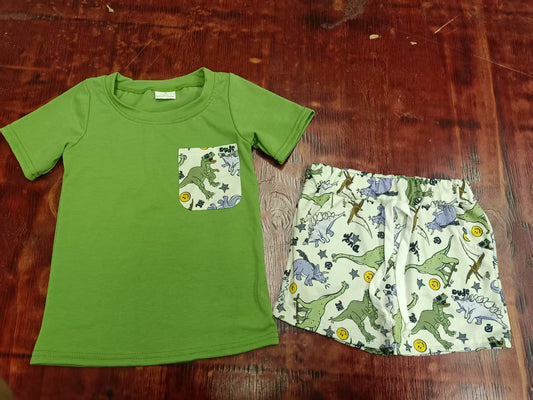 Custom moq 3 eta 6-7weeks baby boys clothes dinosaur green Short Sleeve shorts sets