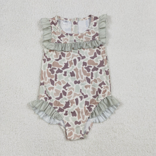 RTS NO MOQ（In Stock) S0595 Camouflage Light Green Lace Beige One-Piece Swimsuit