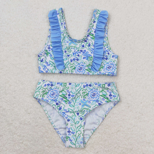 S0279 Floral blue and white lace swimsuit set