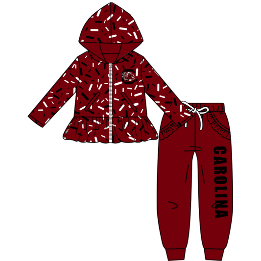 Custom moq 8 mix size eta 6-8weeks milk silk summer teams dark red baby girl clothes hooded long sleeve pants sets-25.9.27