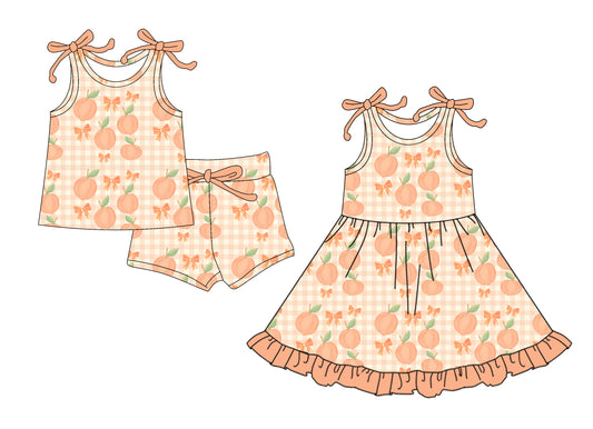25.6.13 custom each style moq 5eta 4-6week Sibling Sister bow peach baby girl short sleeve shorts sets and dresses match design