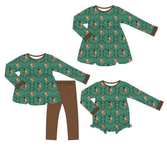 25.6.10 custom each style moq 5eta 4-6week Sibling Sisters duck green baby girl long sleeve pants sets and dress and rompers match family design