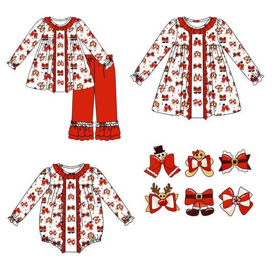 25.5.7 custom each style moq 5eta 4-6week Sibling Sisters Christmas gift bow baby girl long sleeve pants sets and dress and rompers match family design