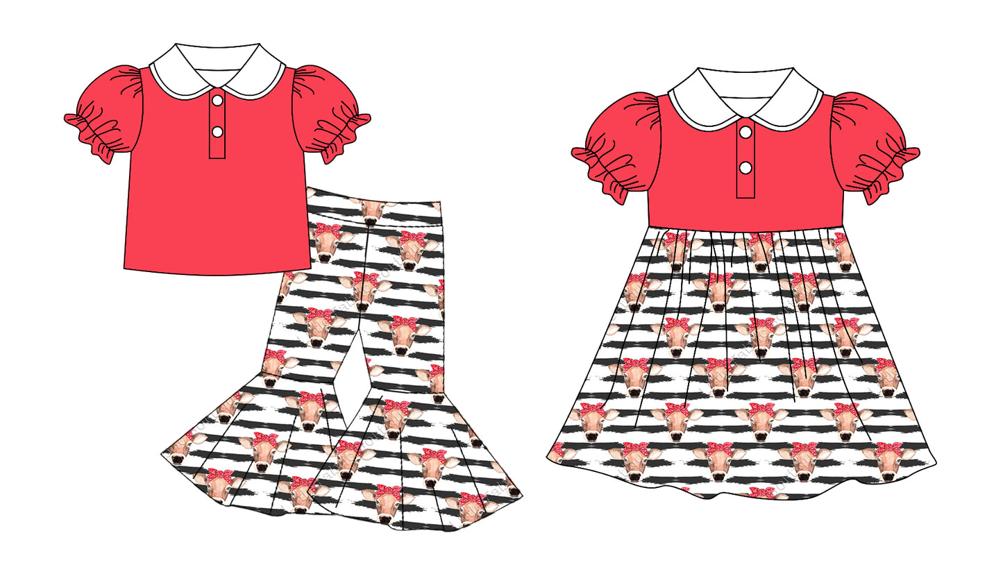 11.13 custom each style moq 5eta 4-6week Sibling Sister cow head red baby girls sets and dress match family design