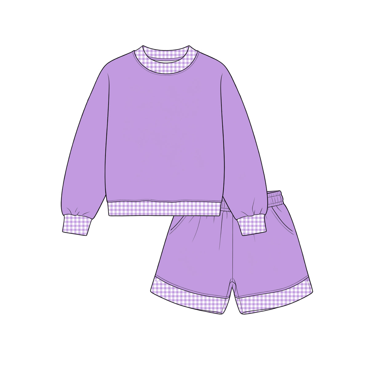 Custom moq 5 girls  Blank Cotton Fabric Sweatshirt Shorts Set Light purple sweatshirt and shorts set