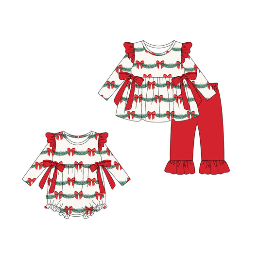 25.6.2 custom each style moq 5eta 4-6week Sibling Sisters Christmas bow red baby girl long sleeve pants sets and rompers match family design