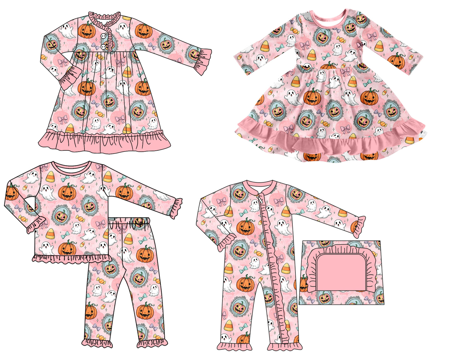 25.7.9 custom each style moq 5 eta 4-6week Sibling Sisters pumpkin baby girl long sleeve pants sets and romper and dress 1 and dress 2 match family design
