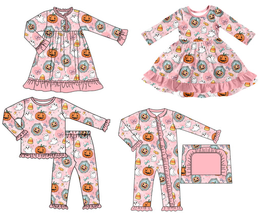25.7.9 custom each style moq 5 eta 4-6week Sibling Sisters pumpkin baby girl long sleeve pants sets and romper and dress 1 and dress 2 match family design