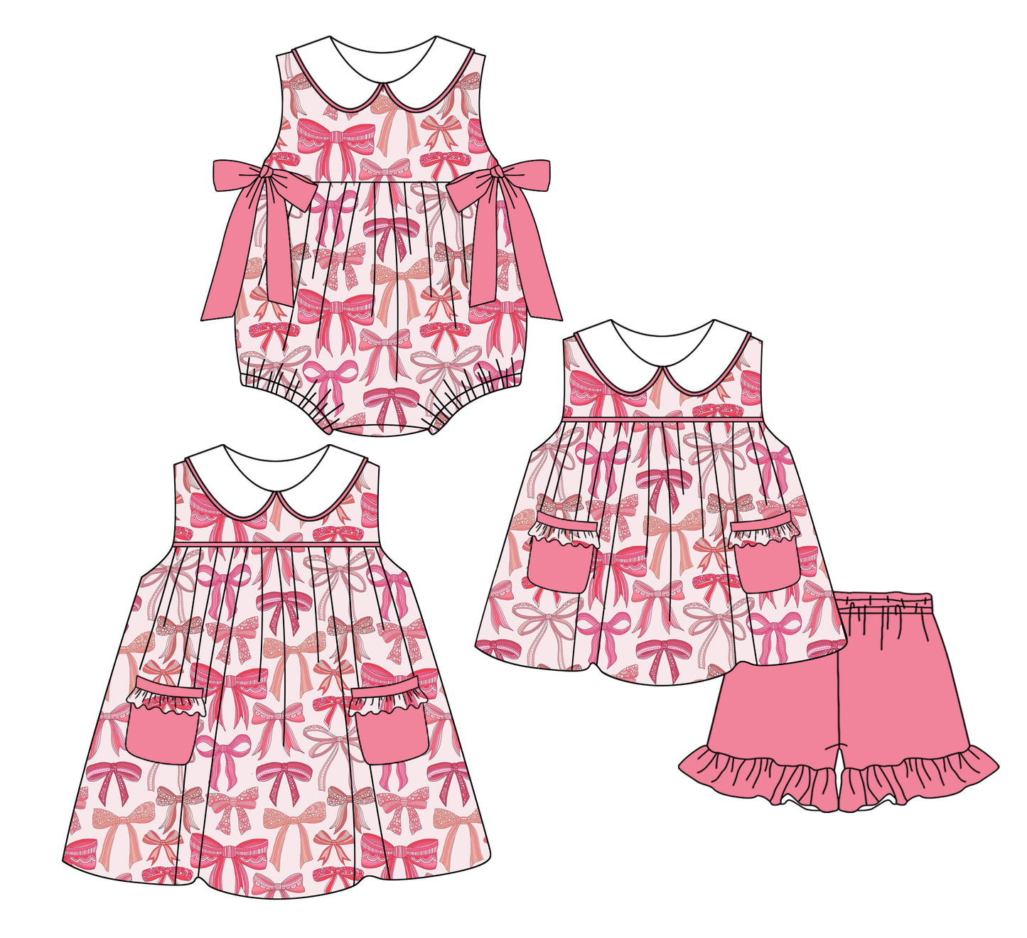 2.25 custom each style moq 5eta 4-6week Sibling Sisters bow baby girl short sleeve shorts sets and dress and rompers match family design
