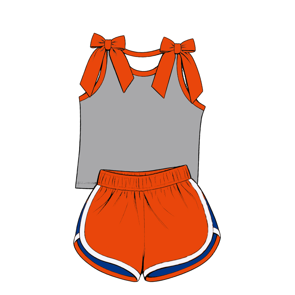 custom moq 5 mix size Baby Girls Bow Sleeveless Orange Top Shorts Summer Casual Clothes Set