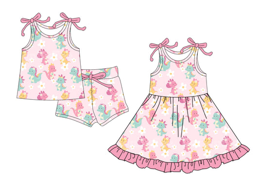 4.15 custom each style moq 5eta 4-6week Sibling Sister dinosaur baby girl short sleeve shorts sets and dresses match design