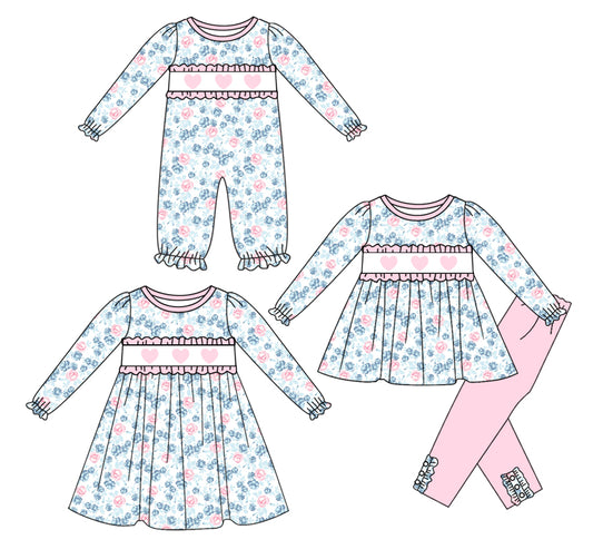 25.9.20 custom each style moq 8 eta 6-8week Sibling Sisters love floral baby girl long sleeve pants sets and dress and rompers match family design