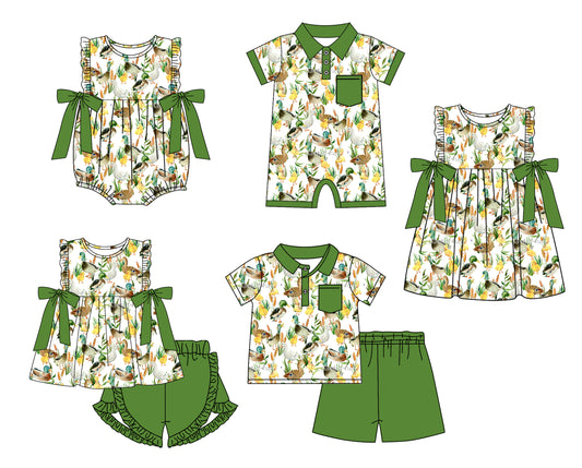 11.21 custom each style moq 5eta 4-6week Sibling Sister duck baby girl short sleeve shorts sets and sets 2 and girls romper and boy romper and dress match design