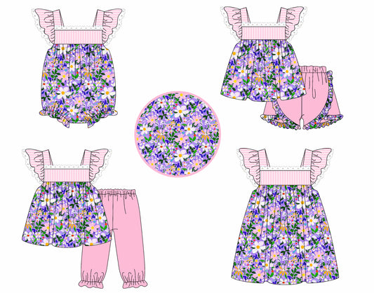4.4 custom each style moq 5eta 4-6week Sibling Sisters floral baby girl short sleeve pants sets and shorts sets and dress and rompers match family design