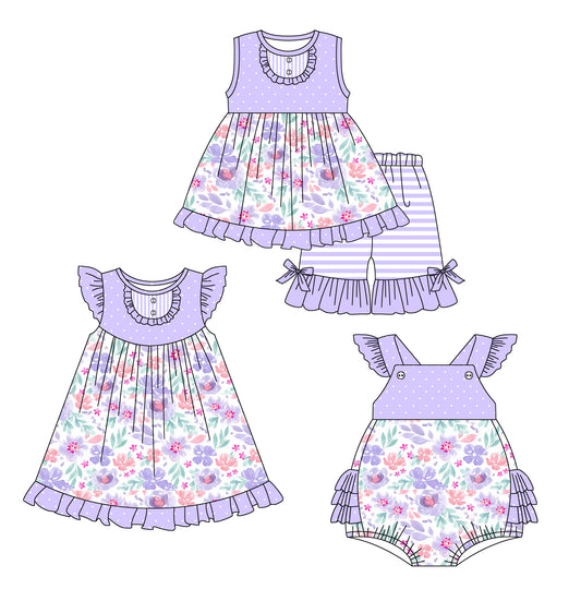 2.18 custom each style moq 5eta 4-6week Sibling Sisters floral baby girl short sleeve shorts sets and dress and rompers match family design