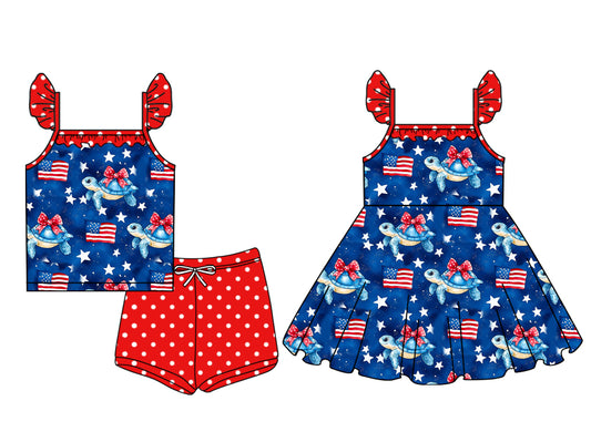 3.31 custom each style moq 5eta 4-6week Sibling Sister turtle bow baby girl short sleeve shorts sets and dresses match design