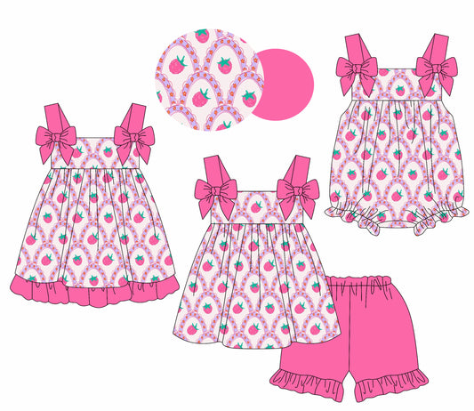 2.11 custom each style moq 5eta 4-6week Sibling Sisters strawberry baby girl short sleeve shorts sets and dress and rompers match family design