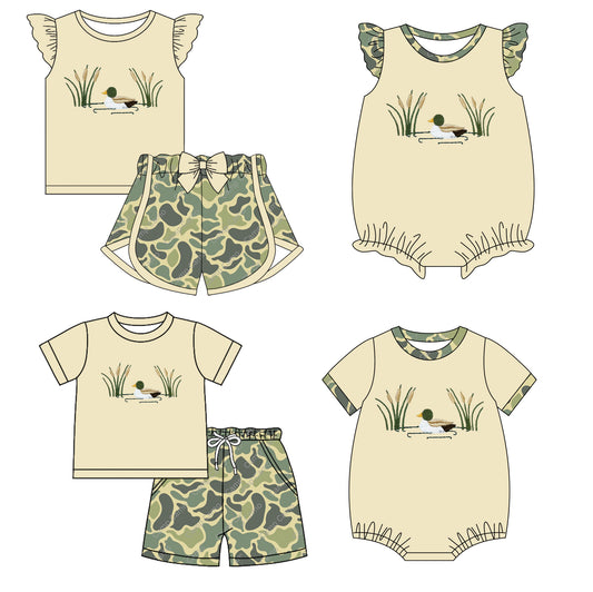 11.28 custom each style moq 5eta 4-6week Sibling Sister duck baby girl short sleeve shorts sets and sets 2 and girls romper and boy romper match design