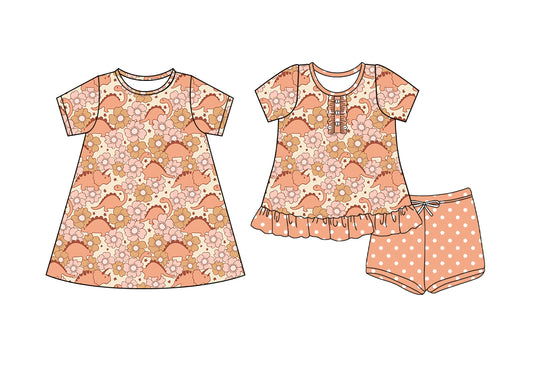 4.10 custom each style moq 5eta 4-6week Sibling Sister dinosaur floral baby girl short sleeve shorts sets and dresses match design