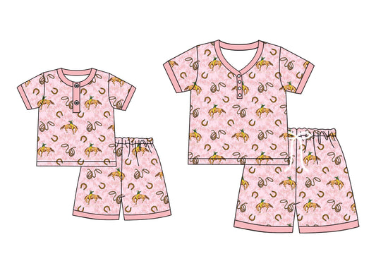 4.21 custom each style moq 5eta 4-6week Sibling Sister riding horse short sleeve shorts sets and adult sets match design