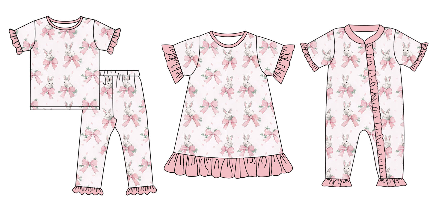 25.9.13 custom each style moq 5eta 6-8week Sibling Sisters bow rabbit baby girl short sleeve pants sets and dress and rompers match family design