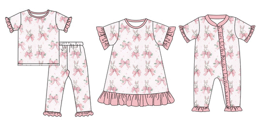 25.9.13 custom each style moq 5eta 6-8week Sibling Sisters bow rabbit baby girl short sleeve pants sets and dress and rompers match family design