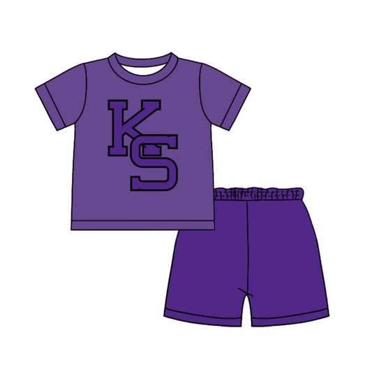 Custom moq 5 mix size milk silk summer teams Baby Boy's Purple Short-Sleeved O-Neck Top And solid color Shorts Set