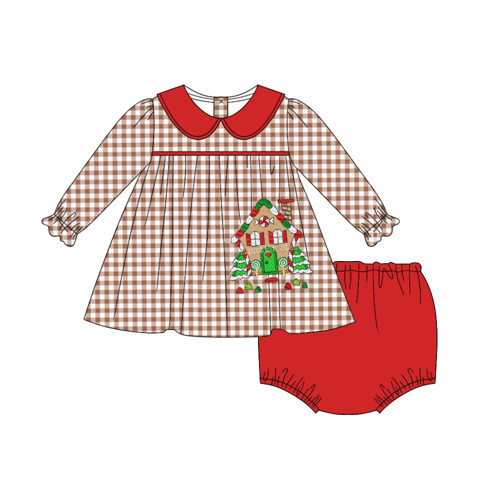 6.4 custom each style moq 5eta 4-6week baby girl clothes Christmas house grid long sleeves red briefs suit