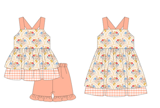 3.13 custom each style moq 5eta 4-6week Sibling Sister floral baby girl short sleeve shorts sets and dresses match design