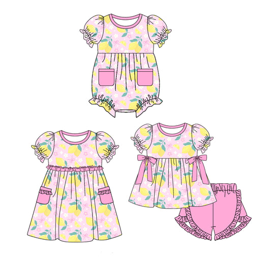 3.24 custom each style moq 5eta 4-6week Sibling Sisters lemon baby girl short sleeve shorts sets and dress and rompers match family design