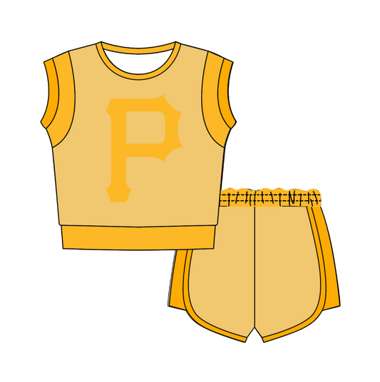 Custom moq 5 mix size milk silk summer teams Yellow  Sleeveless O-Neck Top And Shorts Set Cute And Comfortable Kids' Outfit