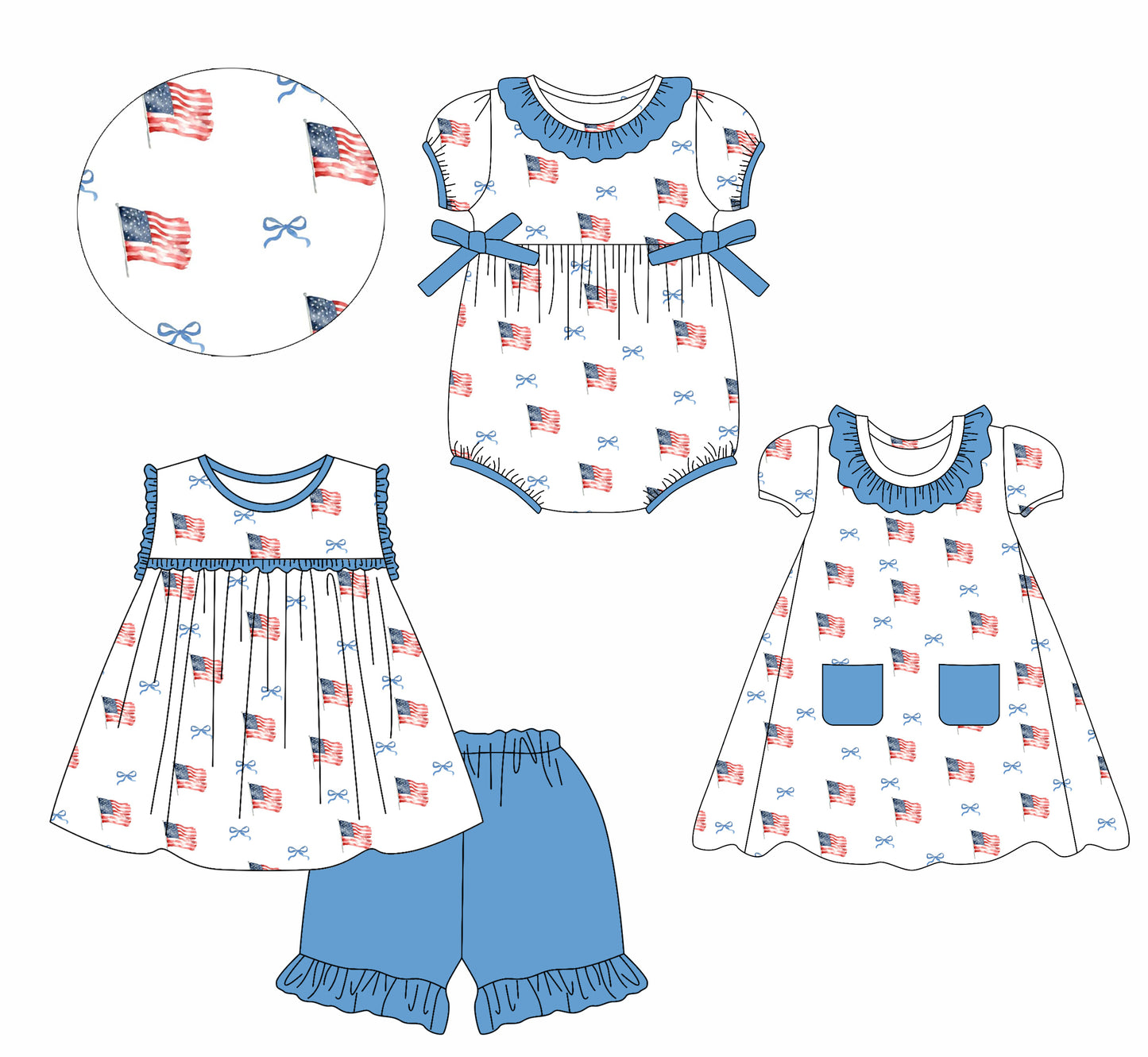 2.21 custom each style moq 5eta 4-6week Sibling Sister flag bow baby girl short sleeve shorts sets and dress and rompers match family design