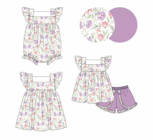 4.7 custom each style moq 5eta 4-6week Sibling Sisters floral baby girl short sleeve shorts sets and dress and rompers match family design