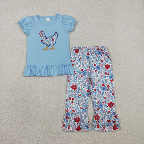 RTS NO MOQ Sibling Baby Girls Floral Embroidery Chick Ruffle Pants Farm Themed Knee-Length Dress Set Cute Children's Outfit