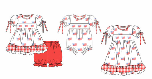 11.25 custom each style moq 5eta 4-6week Sibling Sister 4th of july baby girl short sleeve shorts sets and dress and rompers match family design