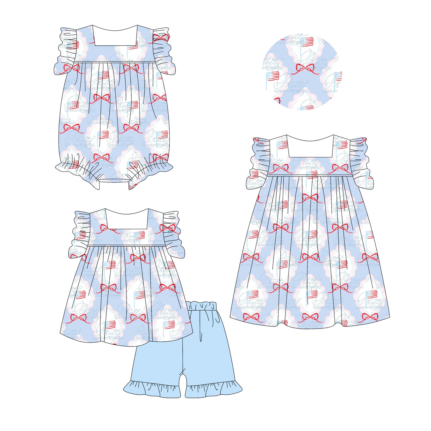 2.28 custom each style moq 5eta 4-6week Sibling Sister bow flag baby girl short sleeve shorts sets and dress and rompers match family design