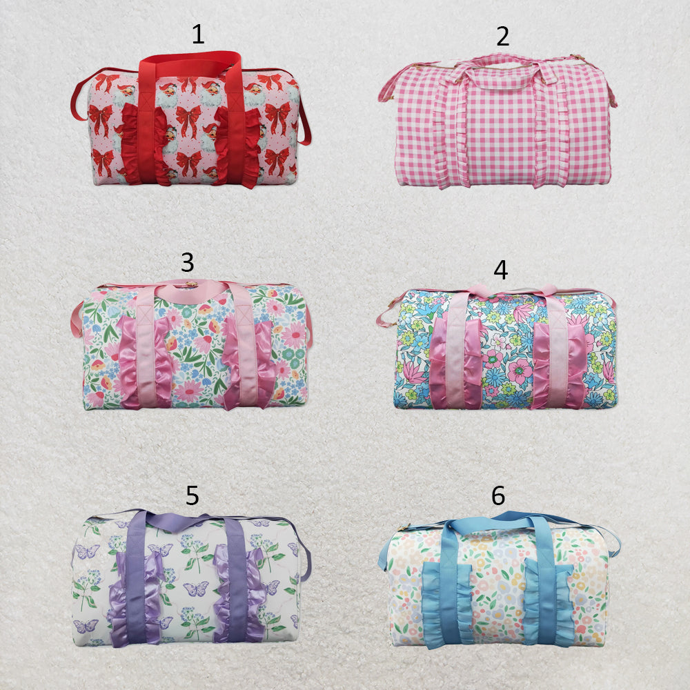 RTS NO MOQ Sibling Bags Adult Women Lavender Floral Butterfly Print Ruffle Trim Gym Bag