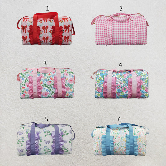 RTS NO MOQ Sibling Bags Adult Women Lavender Floral Butterfly Print Ruffle Trim Gym Bag