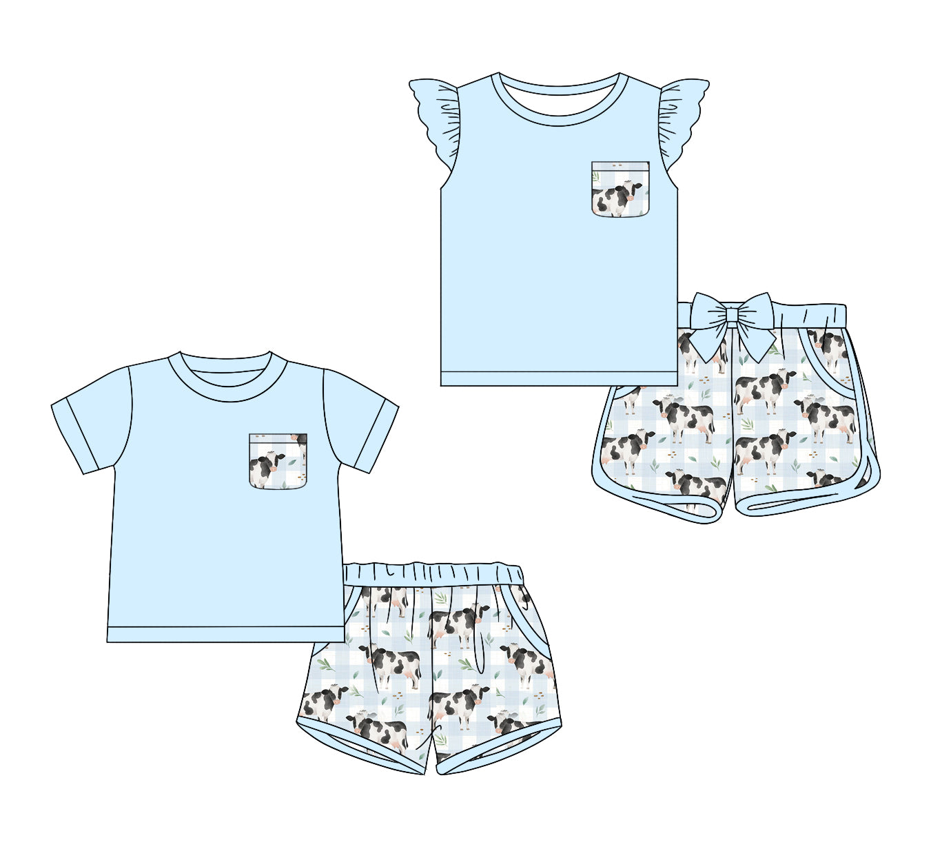 11.3 custom each style moq 5eta 4-6week Sibling Sister cow blue baby girl short sleeve shorts sets 1 and sets 2 match design